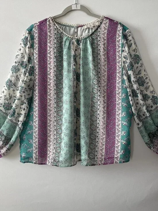 Loft Womens Multicolor Floral Stripe Scalloped Neck Peasant Blouse Top Size XL - Picture 1 of 10